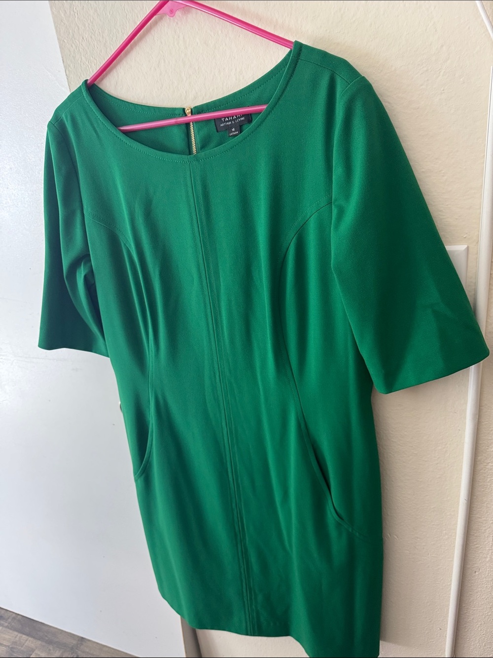 Emerald Green Ponte Knit Boatneck Sheath 3/4 Sleeve Dress Pockets Sz 16 EUC